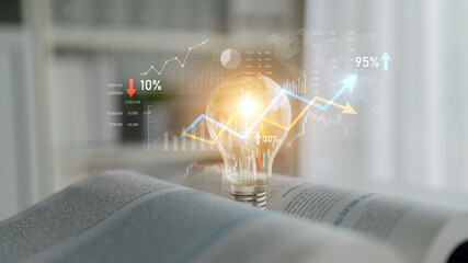 A light bulb representing innovative ideas sits atop an open book, overlaid with dynamic data charts illustrating growth and success in a modern office atmosphere. Scalp
