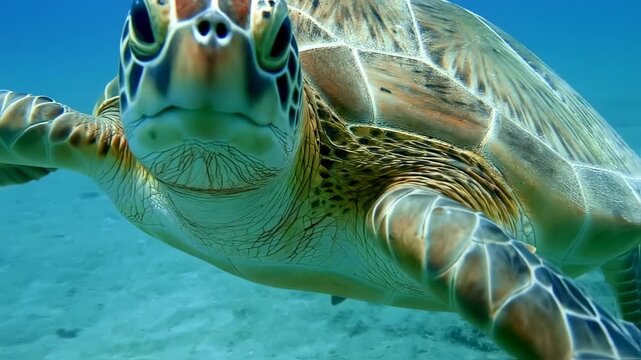 A close-up underwater shot of a turtle swimming towards the camera