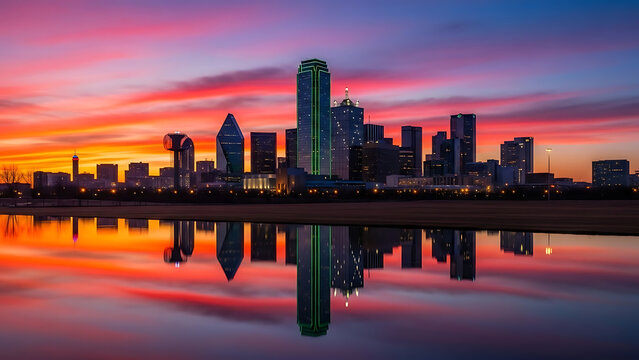 Stunning sunset reflection of a modern city skyline over calm water at dusk