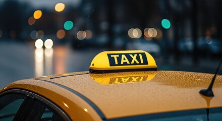 Yellow taxi cab with illuminated taxi sign on rooftop, parked on city street during rainy evening, showcasing urban transportation and vibrant nightlife atmosphere