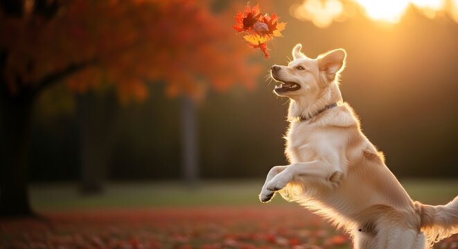 Golden retriever dog jumping to catch autumn leaves in a sunlit park during golden hour for joyful pet life concept and outdoor activity