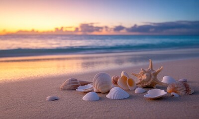 Seashells on a beach at sunset. Soft light illuminates seashells on sandy shore. Ocean waves gently lap shore