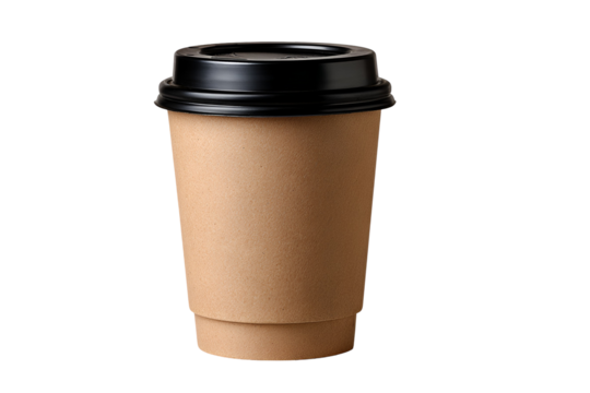 Brown paper coffee cup with black lid isolated on transparent background - Powered by Adobe