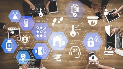 Home security icons show smart home, surveillance, and safety devices. Home security ensures...