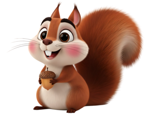 Charming 3d animated cartoon squirrel character holding an acorn, isolated on a white background, with a happy expression and bushy tail