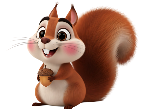 Charming 3d animated cartoon squirrel character holding an acorn, isolated on a white background, with a happy expression and bushy tail