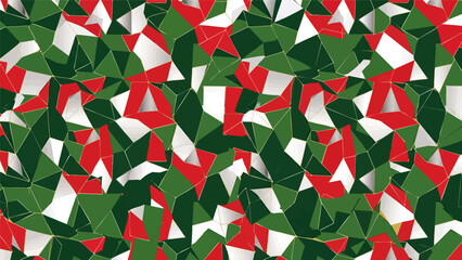 Abstract geometric pattern with red, green, and white triangles creating a festive, mosaic-like design.