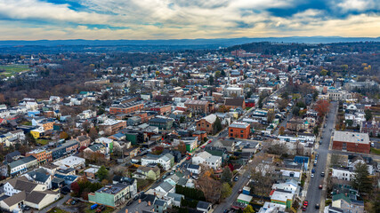 Hudson, NY, USA - November 20, 2025: Aerial view of Hudson, New York along the Hudson River.  