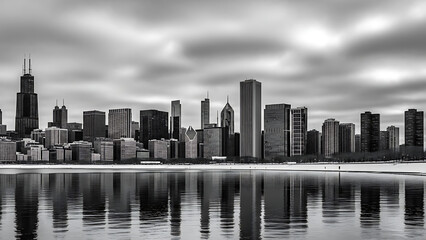 Fototapeta premium Black and white long exposure photograph capturing a dramatic city skyline reflected in calm water under cloudy sky