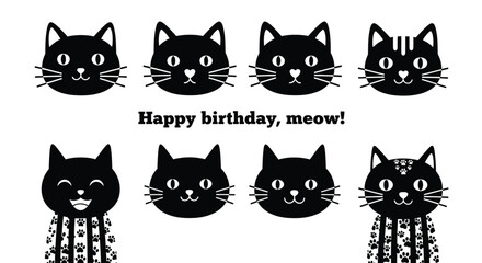 Joyful black cats celebrate with "Happy birthday, meow!" greeting