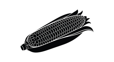 A detailed black and white illustration of a corn cob with husks a striking silhouette