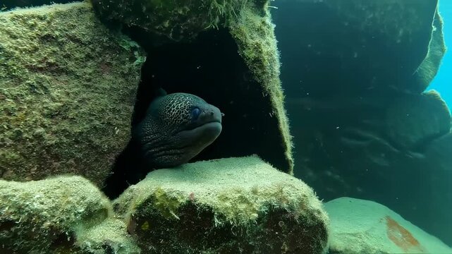 A moray eel peeks out of a rocky underwater cave, mouth agape