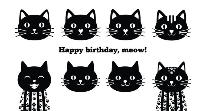Joyful black cats celebrate with "Happy birthday, meow!" greeting