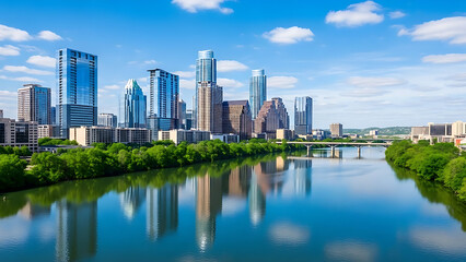Bright sunny day view of the modern austin texas skyline reflecting beautifully in the calm colorado river water