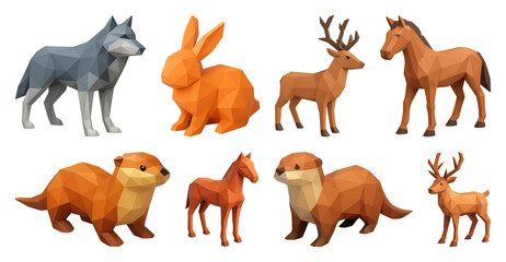 Obraz premium PNG Low-poly woodland animal models, element set on transparent background