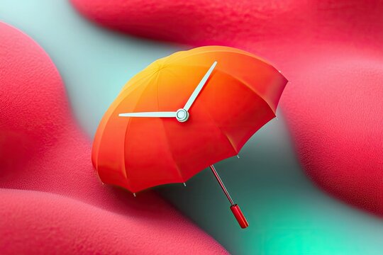 An open umbrella with a clock face, set against a vibrant, abstract background with soft, textured shapes. The image conveys a concept of time.