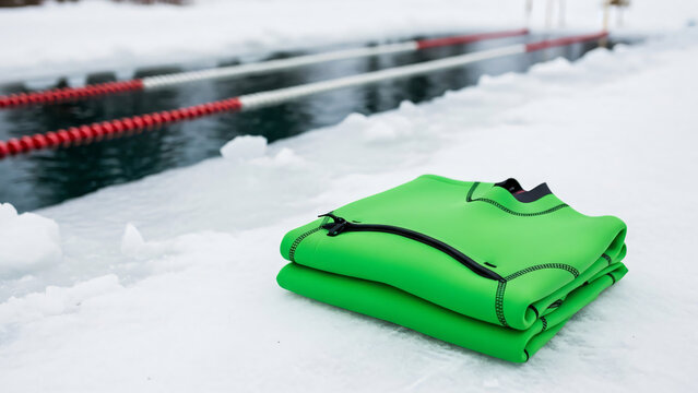 Folded green wetsuit on ice beside swimming pool for ice swimming championship  