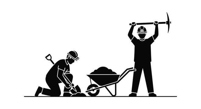 Construction workers diligently digging and transporting soil with wheelbarrow and tools on white background.
