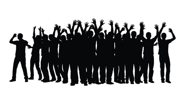Crowd of people silhouettes with raised hands isolated on white background, Vector