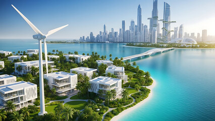 Futuristic coastal city development showcasing modern architecture, renewable energy, and waterfront living