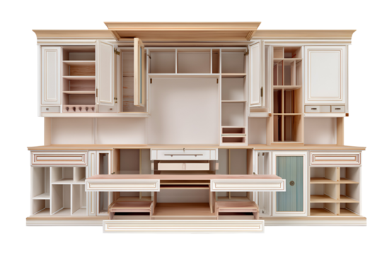 Elegant built in wardrobe and shelving unit isolated on transparent background