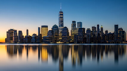 Fototapeta premium Stunning panoramic view of the illuminated lower manhattan skyline reflected perfectly in the calm water at twilight