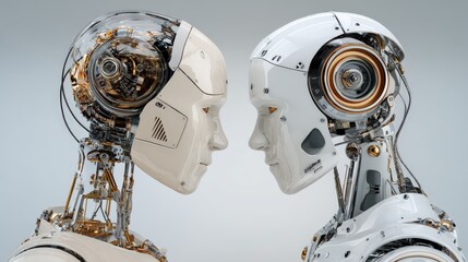 Two sophisticated humanoid automatons face each other showcasing internal mechanical structures