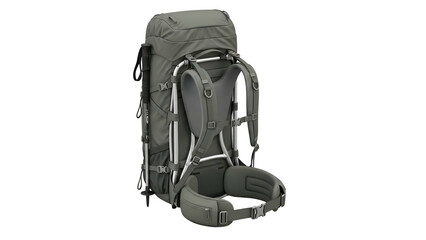 Gray backpacking backpack with metal frame, adjustable straps, and padded back