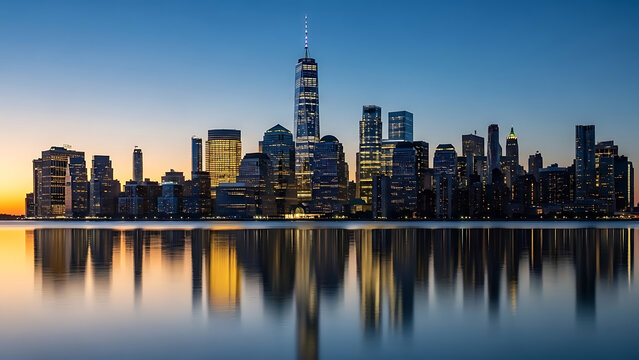 Stunning panoramic view of the illuminated lower manhattan skyline reflected perfectly in the calm water at twilight - Powered by Adobe