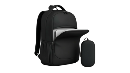 Black, sleek backpack with a partially open laptop compartment, and small matching pouch