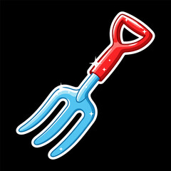 Cartoon illustration of a shiny blue and red garden hand fork or cultivator with four tines, isolated on a, perfect for gardening or farming concepts