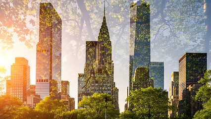 New york city skyline blended with lush green foliage and tree silhouettes under bright sunlight
