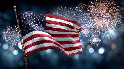 A vibrant American flag waves amidst a dazzling display of fireworks, symbolizing celebration and patriotism.