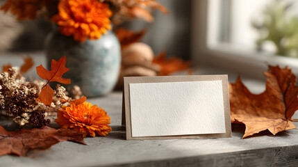 Elegant autumn scene with blank greeting card. Capture serene fall foliage display alongside empty note ideal mockup for seasonal promotion invitation thank you message or heartfelt