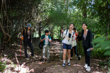 Fototapeta premium Friends enjoying nature trail hiking in green forest