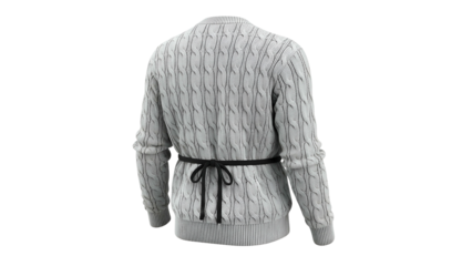 Rear view of a gray cable-knit sweater with a black belt, against a black backdrop