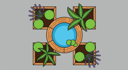 Obraz premium Top view of a tranquil garden with a circular water feature surrounded by lush greenery and flowering plants.