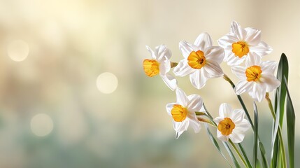 Obraz premium A beautiful arrangement of white daffodils with vibrant yellow centers, set against a soft, blurred background, evoking a serene and fresh atmosphere.