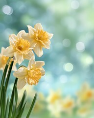 Obraz premium A vibrant display of yellow daffodils with lush green leaves, set against a soft, blurred background of pastel colors, evoking a sense of spring and renewal.