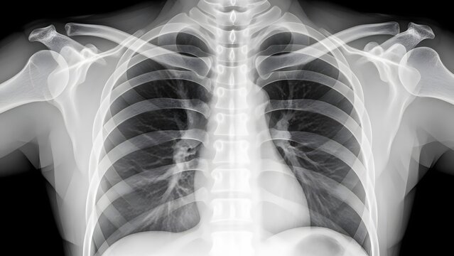 A crisp, high-definition X-ray photograph focusing on essential vital areas of the human body, featuring clear bone alignment, organ silhouettes, and smooth grayscale gradients. Strong medical accurac