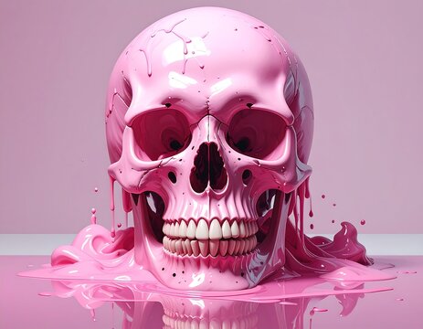 Pink Skull with Dripping Paint - A Macabre and Artistic Still Life.