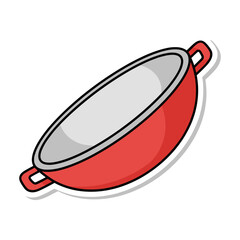 Doodle style illustration of a red cooking wok with two handles, isolated on