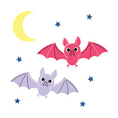 Cute cartoon illustration of two flying bats, one pink and one light purple, with a yellow crescent moon and blue stars on a