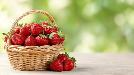A vibrant basket overflowing with fresh strawberries, set against a soft green background, highlighting the natural beauty and freshness of the fruit.