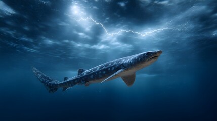 A lone shark navigates dark ocean depths beneath a stormy sky with dramatic lightning