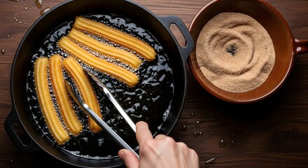 Hand Frying Churros in Hot Oil with Tongs, Cinnamon Sugar Nearby