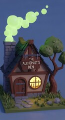 Whimsical Alchemist's Den with Glowing Green Smoke and Magical Potions - Low Poly House at Night