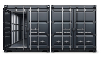 A pair of identical, dark gray shipping containers