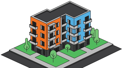Fototapeta premium Isometric apartment building with colorful facades and green landscaping