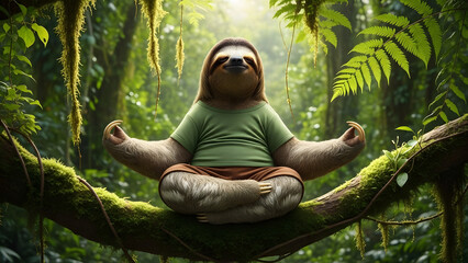 Naklejka premium Funny sloth meditating in a zen pose on a mossy branch in the jungle, promoting wellness, calmness, and slow living, creating a comical animal concept